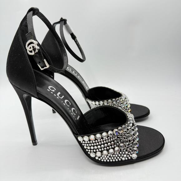 Gucci Ilse Crystal-Embellished Open Toe Satin Heel Sandals Black  EU 39 US 9 - Picture 6 of 14